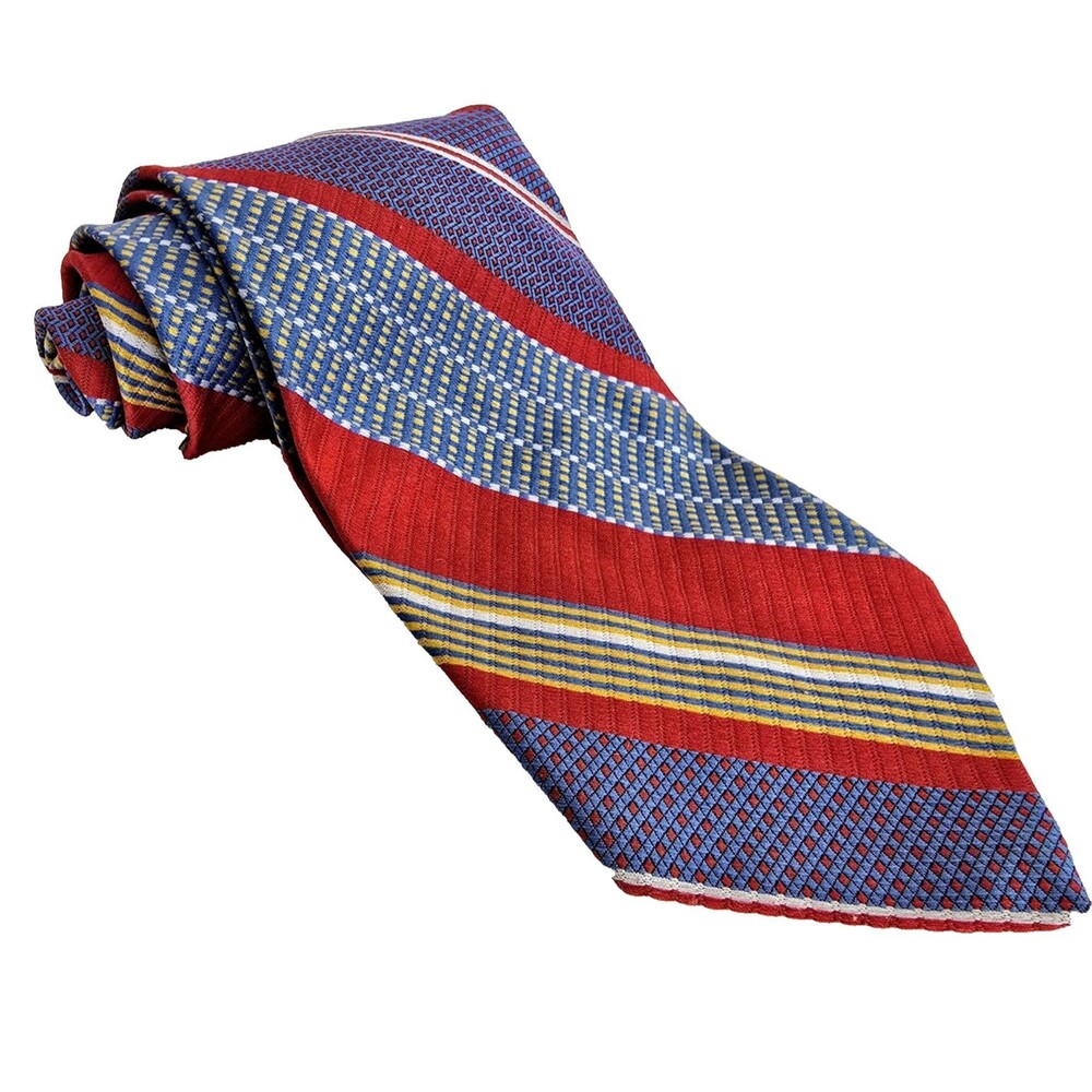 Vintage Trevira Tie Mens Red Blue Yellow Striped Geometric Pattern Polyester 70s